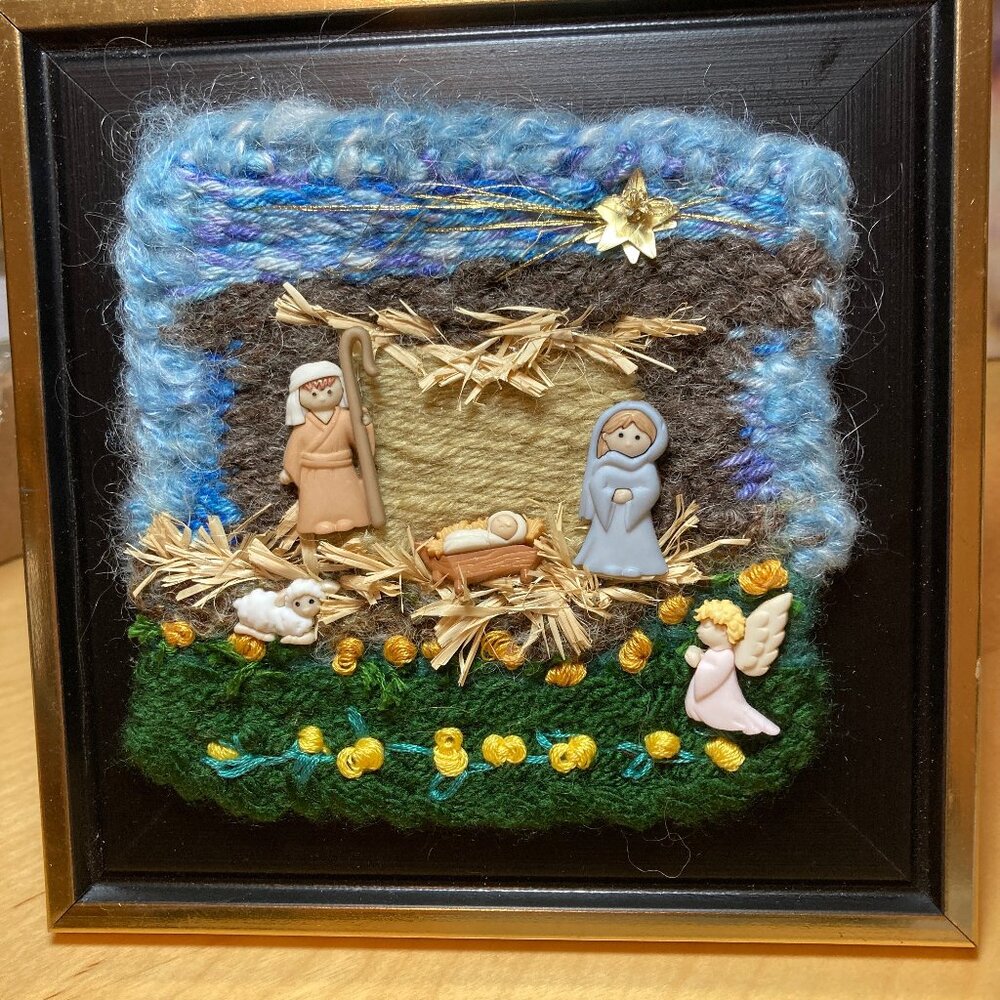 Framed Handmade Nativity Knit One of a Kind